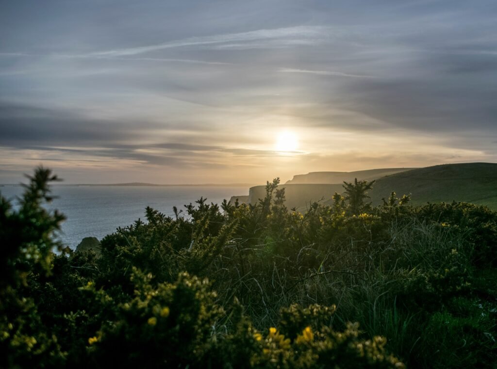 The sun setting in Lulworth countryside